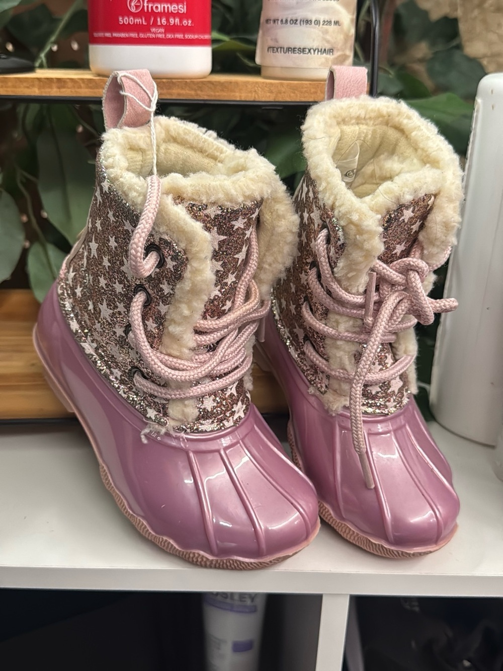 Kids Pink Faux-Fur Duck Boots with Star Glitter